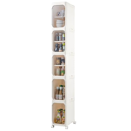LXLXXL Schmaler Aufbewahrungsschrank mit 5 Ebenen, schmaler Badezimmer-Aufbewahrungsschrank mit beweglichen Rädern, hoher Badezimmer-Organizer, schmaler Schrank für kleine Räume, Beige von LXLXXL