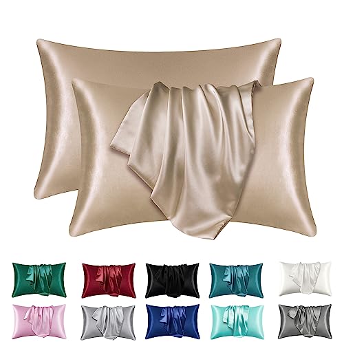 LXMGED Satin-Seiden-Kissenbezüge für Haut und Haar, 2er-Set, Satin-Kissenbezüge für Frauen mit Hotelverschluss, weich, atmungsaktiv, glatt, kühlende Seidenkissenbezüge für Geschenke, Champagner, Queen von LXMGED