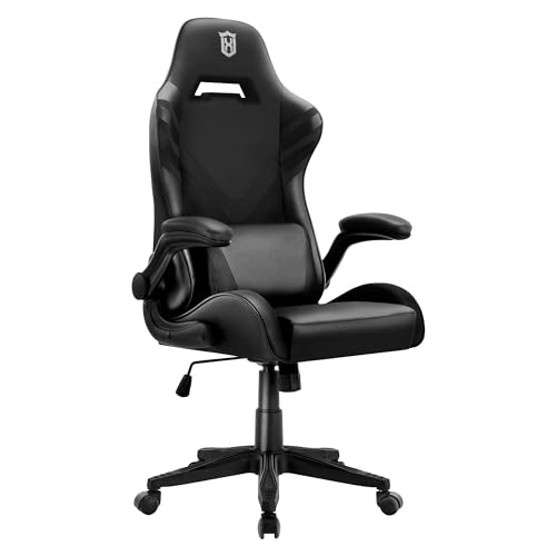 LXRADEO Gaming-Stuhl Ergonomischer Bürosessel für Computer mit Massage-Lendenwirbelstütze, Racing Style Sessel PU-Leder E-Sport-Gamer-Stühle mit hochklappbarer Armlehne Schwarz. von LXRADEO