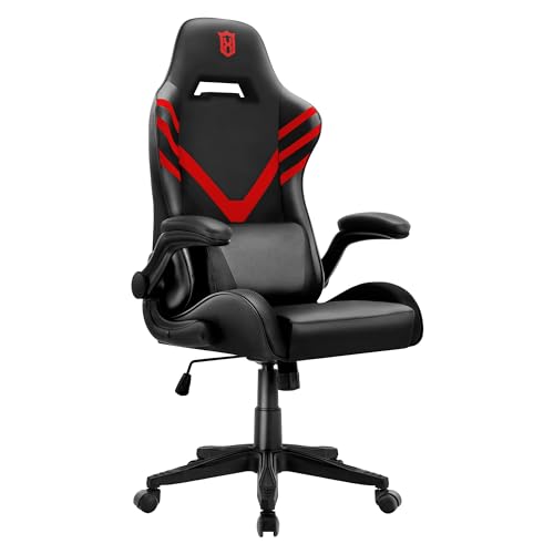 LXRADEO Gaming-Stuhl Ergonomischer Relaxsessel im Rennstil mit Massage-Lendenwirbelstütze, Bürosessel für Computer PU-Leder E-Sport-Gamer-Stühle mit aufklappbarer Armlehne, Schwarz und Weiß, Red von LXRADEO