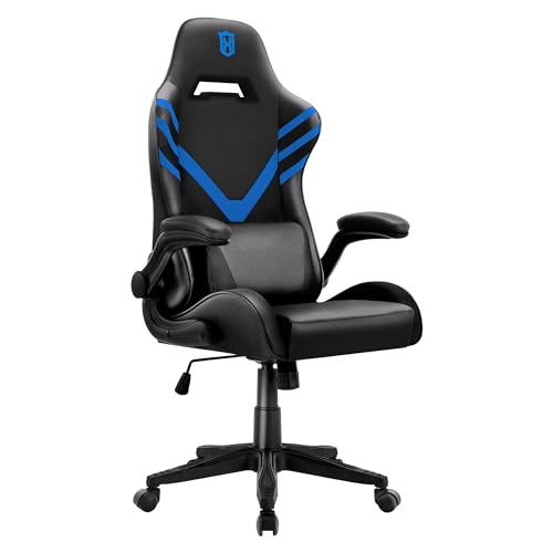 LXRADEO Gaming-Stuhl Ergonomischer Relaxsessel im Rennstil mit Massage-Lendenwirbelstütze, Bürosessel für Computer PU-Leder E-Sport-Gamer-Stühle mit aufklappbarer Armlehne, Schwarz und Weiß,Blue von LXRADEO