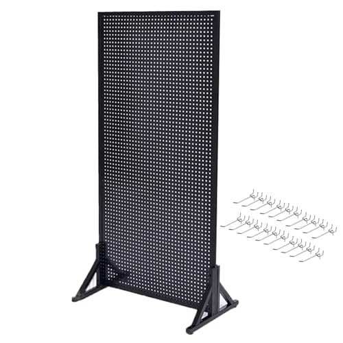 LXRHLIKG Bodenstehende Metall Lochwand mit 20 Haken, Doppelseitiger Halterungsständer Stecktafel Display Ständer für Supermarkt, Lager, Werkstatt(Black,60 * 180cm/24 * 71in) von LXRHLIKG