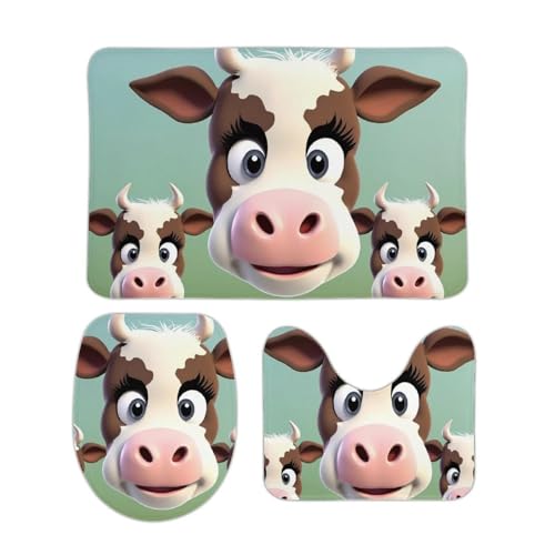 LXTDPBK Badezimmerteppich-Set, niedliches Kuh-Badteppich-Set, Badematte, rutschfeste Badematte mit WC-Deckelbezug, Konturmatte, Badteppich für Heimdekoration, Badezimmermatte für Dusche von LXTDPBK