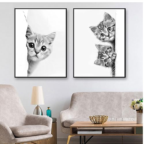2er Badezimmer Katze Deko Bilder - Lustige Katze Hochwertiger Kunstdruck Poster Set Schwarz Weiß Tier Bilder Deko Schlafzimmer - WC Deko Leinwand Wandbilder-Ohne Rahme. (2 * 40x60cm) von LXTOPN
