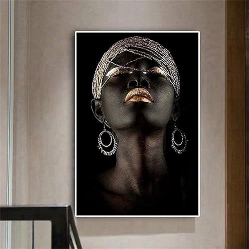 Afrikanische Frauen Bilder Auf Leinwand, Abstrakte Leinwand Malerei, Schwarz Gold Afrika Frau Modell Kunst Poster, leinwandbilder Für Wohnzimmer Wandkunst Dekor No Framed (40x60cm) von LXTOPN