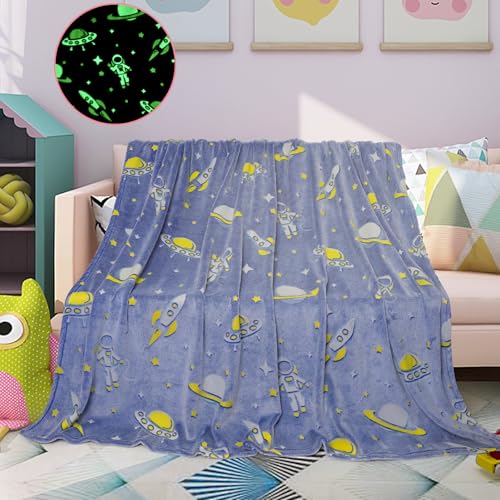 Astronauten Decke Leuchtet Im Dunkeln Junge, Blaues Warm Weiche Kinder Kuscheldecke Baby, 150x200 Wohndecke, Sofadecke Kuschelig von LXTOPN