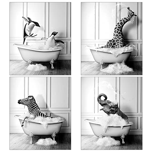 Badezimmer bilder Tiere in der Badewanne Gemälde 4 Paneele Leinwand Pinguine, Giraffen, Zebras, Elefanten Tier Schwarz Weiß Wand Kunst DruckeTraumbad Poster,Kein Rahmen(40x60cm*4) von LXTOPN
