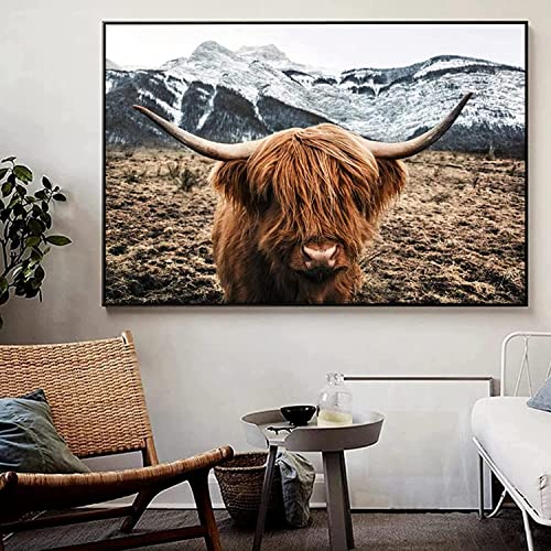 Hochlandrind Bild Leinwanddrucke,Nordic Highland Cow Bilder Druck auf Leinwand Schottisches Hochland kuh Gemälde,Modern Hochlandrind Wandbilder Poster Wohnzimmer Deko,Kein Rahme (kuh-2, 70x90cm) von LXTOPN