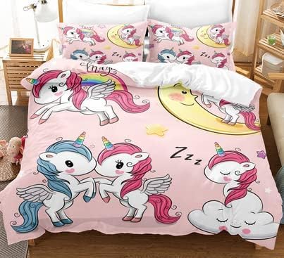 LXTOPN Bettwäsche Einhorn 135 x 200cm Rosa Mädchen Bettwäsche Set Süßer Cartoon Regenbogen Einhorn Motiv Bettbezug mit Kissenbezug (Rosa Paar Einhorn,135×200 cm) von LXTOPN