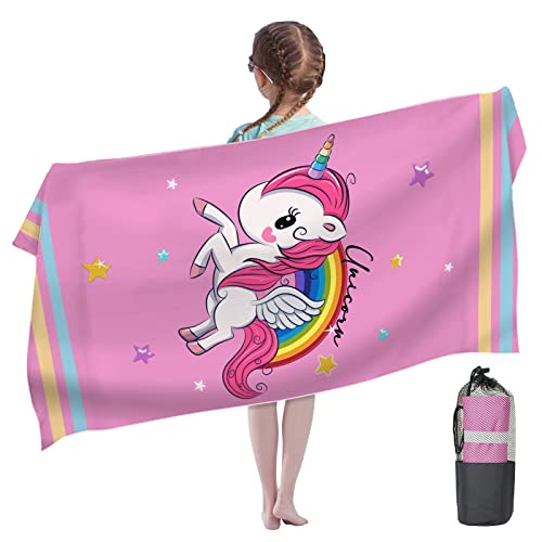 LXTOPN Einhorn Strandtuch, Mikrofaser Strandtuch für Mädchen, 80 x 160cm Kinder Badetuch Schwimmen Duschtuch Schnell Trocknendes mit Knöpfen und Gummiband von LXTOPN