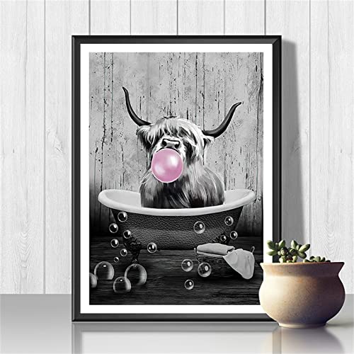 LXTOPN Hochland cow Bild,Hochlandrind in Badewanne bilder,Lustige Schwarz-Weiß Tier Badezimmer deko Bilder,Wandbilder Drucke Kuh Poster Deko Schlafzimmer Rahmenlos.(Bad B, 50x70cm) von LXTOPN