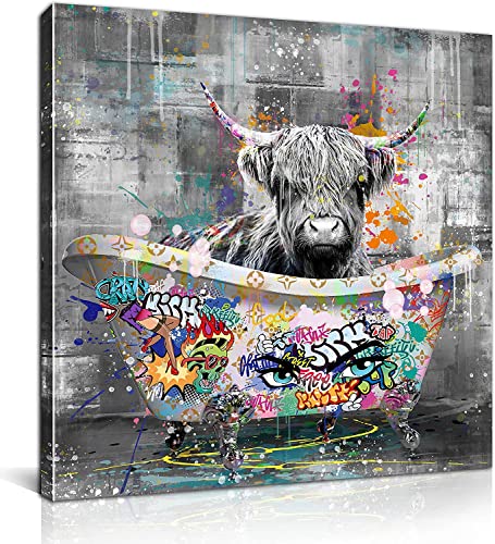 LXTOPN Hochland cow Bild,Lustige kuh in Badewanne Wandbilder,Schwarz-Weiß Tier In Der Badezimmer Bilder,Lustige Hasen Wandbilder Drucke Leinwand Poster Wohnkultur - Ohne Rahme (40x40cm) von LXTOPN