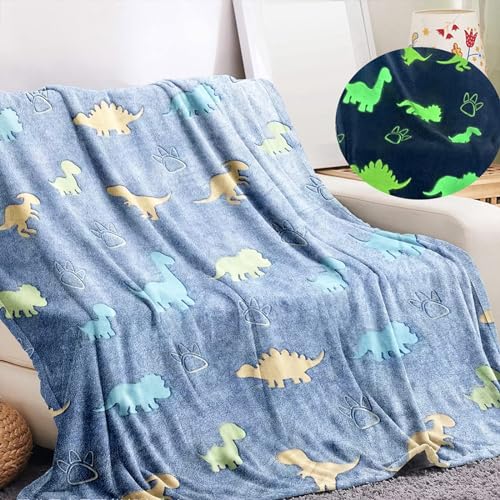 LXTOPN Kuscheldecke Kinder, Dinosaurier Decke Leuchtet im Dunkeln, Dinosaurier Decke, Flanell Wohndecke für Jungen und Mädchen(Blauer, 150×200cm) von LXTOPN