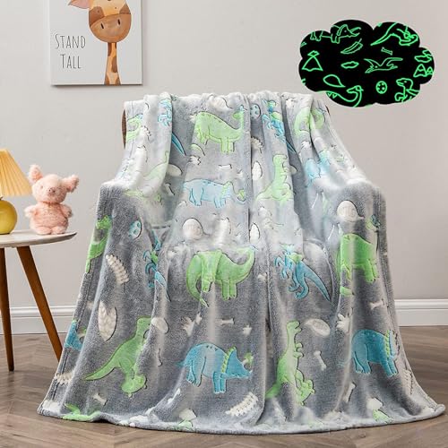 LXTOPN Kuscheldecke Kinder, Dinosaurier Decke Leuchtet im Dunkeln, Dinosaurier Decke, Flanell Wohndecke für Jungen und Mädchen(Grauer, 130×150cm) von LXTOPN