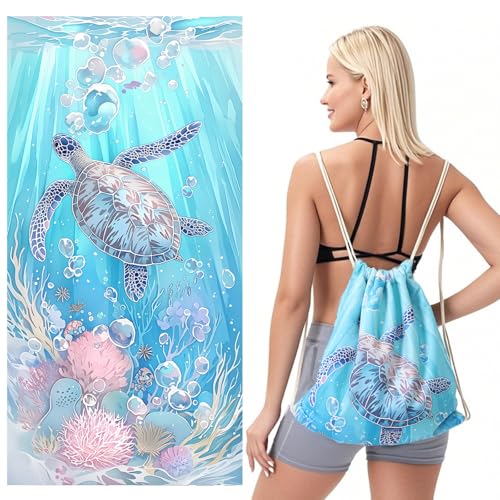 LXTOPN Mikrofaser Strandtuch - 160 * 80cm Strandtuch mit Aufbewahrung, schnell trocknendes sandfestes Badetuch Strandhandtuch, ideal für Reisen Pool und Camping (Blaue Schildkröte, 80 * 160cm) von LXTOPN