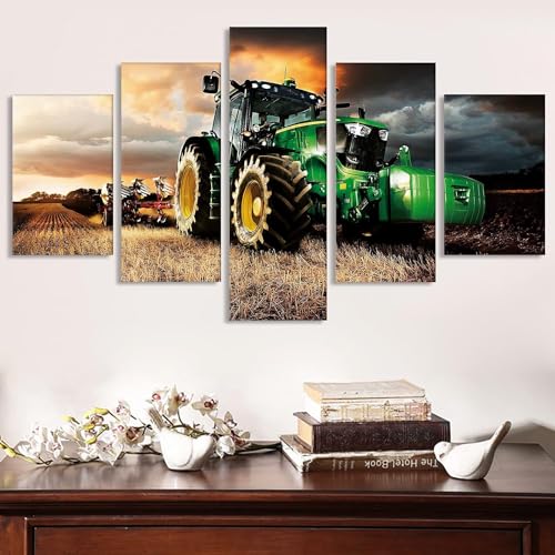 LXTOPN Moderne Art Leinwandbild 5 Teilig Wanddeko Bilder,Landwirtschaft Ernte Landschaft Leinwand Malerei,Moderne HD Druck traktor leinwand Ölgemälde Dekor Poster Kein Rahmen. (Grün Traktor, L) von LXTOPN