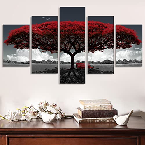 Rote Baum Leinwandbild 5 Teilig Wanddeko Bilder,Baum des Lebens Landschaft Leinwand Wandbild,Moderne HD Druck leinwand Ölgemälde Poster Kein Rahmen.(Rot Baum, M) von LXTOPN