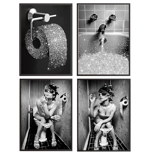 LXTOPN Poster Sexy Frau Schwarz-weiß Leinwand Bild Moderne Mode Frauen, Lustige Badezimmer-Wandkunst Poster Kein Rahmen (4 Tafeln, 40x60cm) von LXTOPN
