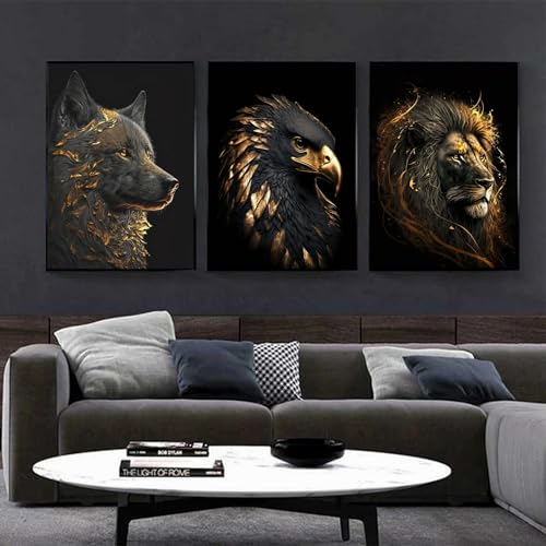 LXTOPN Wilde Löwe Bilder Schwarz und Gold Tier Bild auf Leinwand,Moderne Wolf und Adler Bilder Drucke Wohnzimmer Poster Wandbild Dekor kein Rahmen. (HJSZ1, 3 * 40x60cm) von LXTOPN