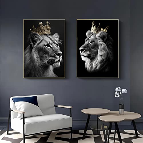 Löwe und Löwin mit Krone Leinwand Bilder,Schwarz Gold Tier Poster Dekoration,Afrika Löwin Kunst Drucke für Schlafzimmer bild Wohnkultur Dekor Kein Rahmen (Löwe A, 60x80cm*2) von LXTOPN