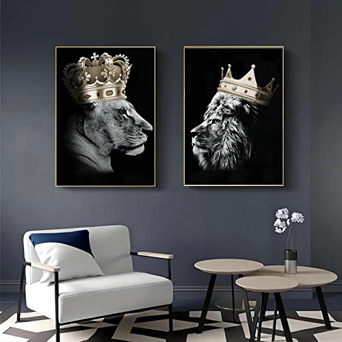 Löwe und Löwin mit Krone Leinwand Bilder,Schwarz Gold Tier Poster Dekoration,Afrika Löwin Kunst Drucke für Schlafzimmer bild Wohnkultur Dekor Kein Rahmen (Löwe B, 50x70cm*2) von LXTOPN
