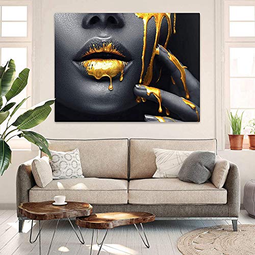 Bilder Wohnzimmer Deko Wandbilder,Schwarz Gold Frauen Lippen Leinwand bilder,Sexy Lippen Leinwand Gemälde Drucke,Modern schlafzimmer bilder Poster,Kein Rahmen von LXTOPN