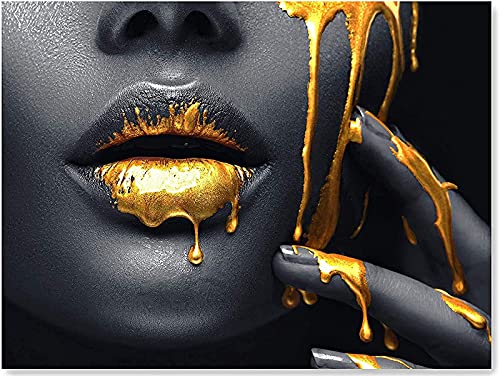 Schwarz Gold Frauen Lippen Leinwand bilder,Golden Sexy Lippen Leinwand Gemälde Drucke wandbilder,Modern Frau Gesicht Leinwand Kunst Poster Wohnzimmer Deko,Kein Rahmen (70x100cm) von LXTOPN