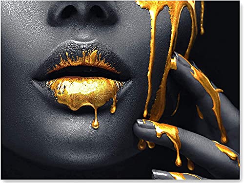 Schwarz Gold Frauen Lippen Leinwand bilder,Golden Sexy Lippen Leinwand Gemälde Drucke wandbilder,Modern Frau Gesicht Leinwand Kunst Poster Wohnzimmer Deko,Kein Rahmen (70x105cm) von LXTOPN