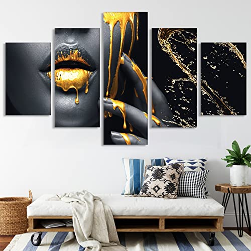 Sexy Lippen Leinwandbild 5 Teilig Wanddeko Bilder,Schwarz Gold Frauen Lippen Leinwand Malerei,Modern HD Druck leinwand Ölgemälde Dekor Poster Kein Rahmen.(Gold Lippen, L) von LXTOPN