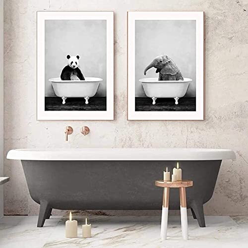 Badezimmer Bilder WC Dekor Poster,Lustige Elefant Wandkunst in Badewanne Bild,Tier Wand Kunst Drucke,Schwarz-weiß Badewanne Leinwand Malerei Poster Nordisches Badezimmer Wohnkultur.(Tier,40x50cm*2) von LXTOPN