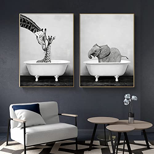 LXTOPN Wandbild Giraffe in der Badewanne Bilder,Lustige-Tierbild Giraffe Elefant Bad Leinwandbilder Malerei,Nordic Tiere Lustige Giraffe EIN Bad Poster Leinwandmalerei Kein Rahmen (30x40cm*2) von LXTOPN