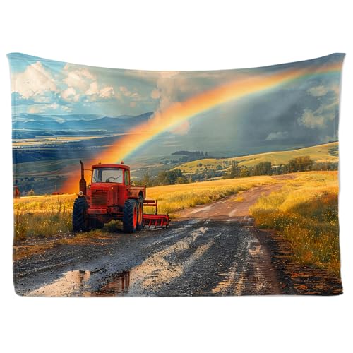 LXTOPN Traktor Decke, Farm Theme Flanelldecke, Für Kinder Jungen Erwachsene, Weiche Warme 150×200cm (Rainbow-Traktor, 150×200cm) von LXTOPN
