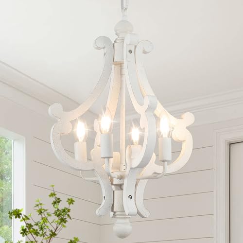 4 Lichter Antik Weiß Vintage Kronleuchter Holz Pendelleuchte, Modern Rustikal Kronleuchter Wohnzimmer Deckenlampe, Französischer Landhausstil Deckenleuchte Hängelampe für Esszimmer Küche Schlafzimmer von LXWNYY