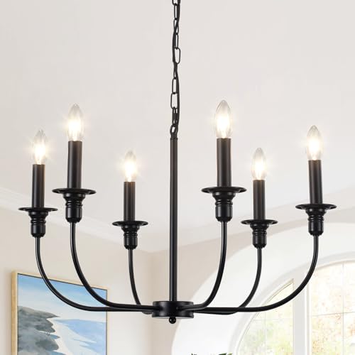 Kronleuchter Schwarz 6 Flammig Kronleuchter Vintage, Klassische Pendelleuchte Wohnzimmer, Modern Esszimmer Lampe Hängend mit E14 Fassung, Höhenverstellbar Hängelampe für Schlafzimmer Küche Flur von LXWNYY