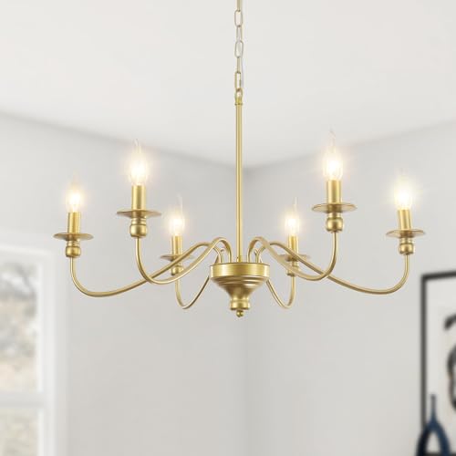 LXWNYY 6-flammiger Kronleuchter Gold, Modern Hängelampe Pendelleuchte Schlafzimmer E14, Vintage Goldene Lampe Metall Kronleuchter für Wohnzimmer, Küche, Esszimmer und Flur von LXWNYY