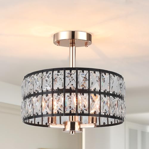 Moderne Deckenleuchte Schwarz Gold Kristall Deckenlampe, 3 Flammige Deckenleuchte Wohnzimmer Metall Rund Ø32cm Kristall Lampenschirm Kronleuchter Deckenlampe Schlafzimmer E14 für Esszimmer Küche Flur von LXWNYY