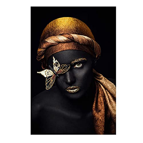 Moderne Nordic Leinwand Malerei Schwarz Afrikanische Frau Goldene Lippen Wandkunst Poster Drucken Wandbild Für Wohnzimmer Dekoration 60x80 cm Rahmenlos von LXWWW
