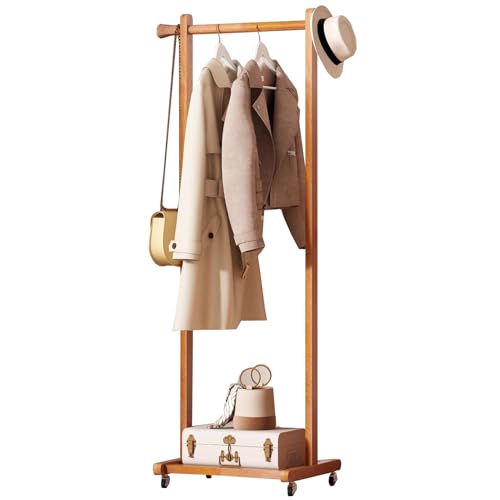 Garderobenständer Kleiderständer Aus Massivholz Mit Rädern, Freistehende Garderobe Mit Ablagen Und 2 Haken, Hängestange Für Kleine Räume, Tragbarer Schrank-Organizer Für Schl(Color:Teakholzfarbe Teak) von LXXSHOPDS