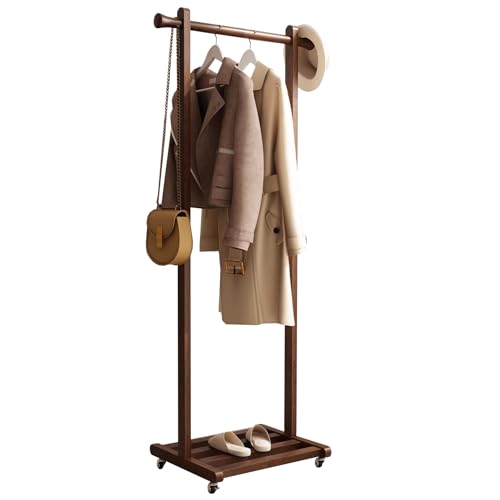 Garderobenständer Kleiderständer Aus Massivholz Mit Rädern, Freistehende Garderobe Mit Ablagen Und 2 Haken, Hängestange Für Kleine Räume, Tragbarer Schrank-Organizer Für Schlafzimm(Color:Walnussfarbe) von LXXSHOPDS