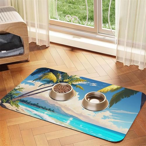 Saugfähige Leder-Tischdecke für Hunde und Katzen, Motiv: Palme über blauem Meer, Ozeanmuster, Futtermatte für Hunde und Katzen von LXqlSS