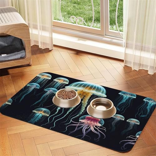Saugfähige Leder-Tischdecke für Hunde und Katzen, Quallen-Ozean-Druck, Futtermatte aus Leder für Hunde und Katzen von LXqlSS