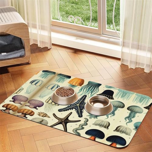 Saugfähige Leder-Tischdecke für Hunde und Katzen, Quallen-Ozean-Druck, Futtermatte aus Leder für Hunde und Katzen von LXqlSS