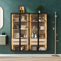 2er-Set Badezimmerschrank mit LED-Beleuchtung, 2 große Schubladen und 2 Türen, Milchglas, 74×36×155 cm, Naturfarbe von LY