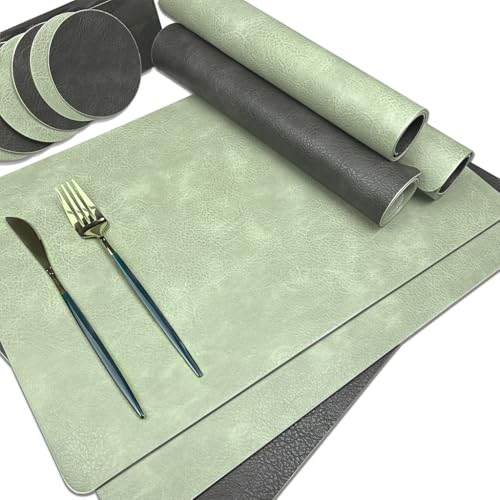 Tischuntersetzer, Tischset Leder 6er Set, Tischsets Platzsets Abwaschbar Grün, Tischuntersetzer abwaschbar mit Untersetzer, Kunststoff Platzdeckchen rutschfest-Abwischbar-Wasserdicht-Hitzebeständig von LY4F