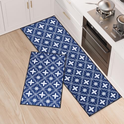 LY4U Küchenläufer rutschfest, 2 Stück Küche Matte Set, Waschbar Absorbierende Küche Teppiche, Dauerhafte Läufer Teppiche für Küche, Wäscherei, Schlafzimmer, (43x75cm+43x120cm, Blau) von LY4U