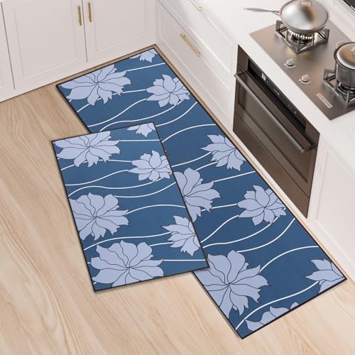 LY4U Set mit 2 Küchenfußmatten, 43x75cm + 43x120cm, Wasserabsorbierende Küchenteppiche, Waschbares Küchenmatten-Set, rutschfest Küchenteppiche für die Küche zu Hause, Blau von LY4U