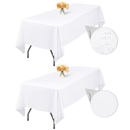 2-Pack weißer Polyester 153x320cm/60x126inch Rechteck Tischdecke, wasserdichte Fleckenbeständige waschbare faltenfreie Tischdecke für Hochzeitsfeier Geburtstag Buffet Camping, Esstisch Abdeckungen von LYAFS