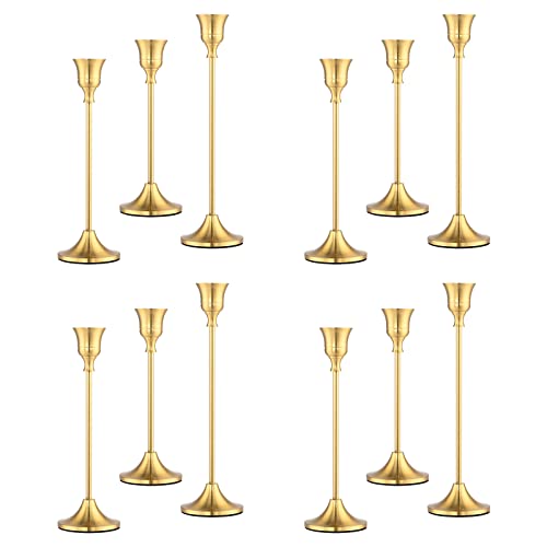 Kerzenhalter für Spitzkerzen, Set mit 12 Messing-Gold-Kerzenhaltern, Vintage-Moderner Kerzenhalter, dekorativ für Zuhause, Hochzeit, Tisch, Kaminsims, Party, Jubiläum von LYAFS
