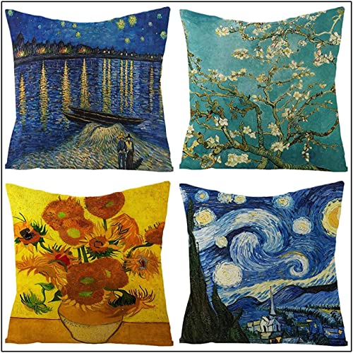 4er Set Dekorative Kissenbezüge 40x40cm Van Gogh Kunst Ölgemälde Kissenbezug Zierkissenbezug Baumwoll Leinen Quadratischer Unsichtbarem Reißverschluss Doppelseitiger Kissenhülle für Couch Sofa Outdoor von LYAKK