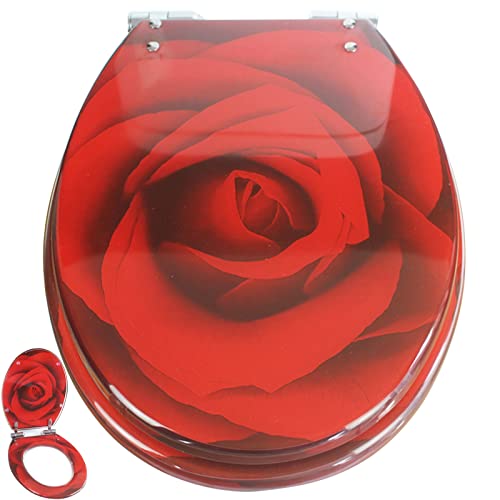 Toilleten Sitz Roter Toilettensitz mit Absenkautomatik, idealer Standard-Toilettensitz mit verstellbaren Schnellverschlussscharnieren for einfache Reinigung, ovaler Klositz-Toilettendeckel (Muster: Ro von LYBH